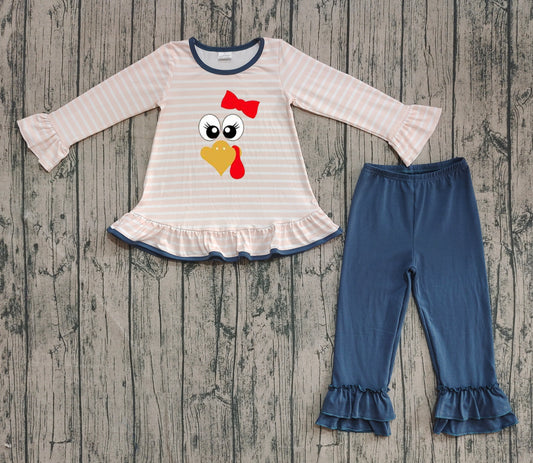 GLP2588 Embroidered Turkey Stripe Beige Ruffle Long Sleeve Pants Set Girls 202509 RTS