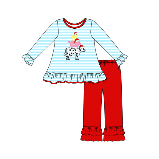 Preorder GLP2590 Sibling Christmas Farm Animals Blue Stripe Ruffle Long Sleeve Red Pants Set Girls 202507
