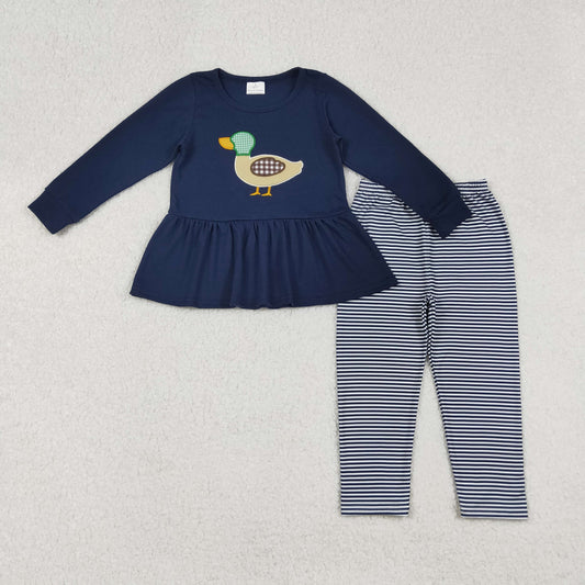 GLP2595 Embroidered Duck Hunting Navy Blue Ruffle Long Sleeve Gray  Leggings Girls Set 202509 RTS