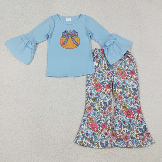 GLP2596 Embroidered Pumpkin Bows Floral Blue Flare Long Sleeve Pants Girls Set 202509 RTS