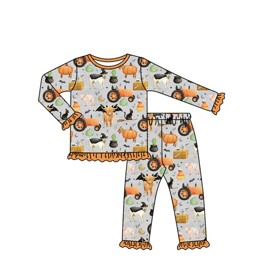 Preorder GLP2598 Halloween Farm Animals Gray Brown Long Sleeve Pants Girls Set 202507