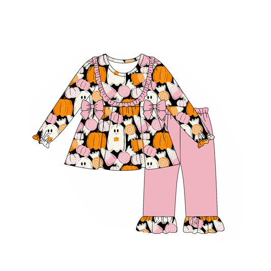 Preorder GLP2599 Halloween Ghost Bows Pink Long Sleeve Pants Girls Set 202507