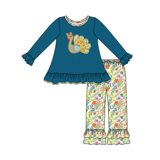 Preorder GLP2601 Thanksgiving Turkey Flower Ruffle Long Sleeve Pants Girls Set 202507