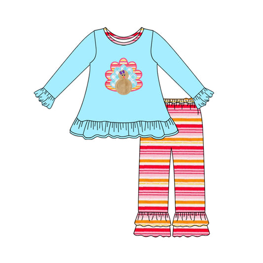 Preorder GLP2602 Thanksgiving Turkey Colored Stripe Ruffle Long Sleeve Pants Girls Set 202507
