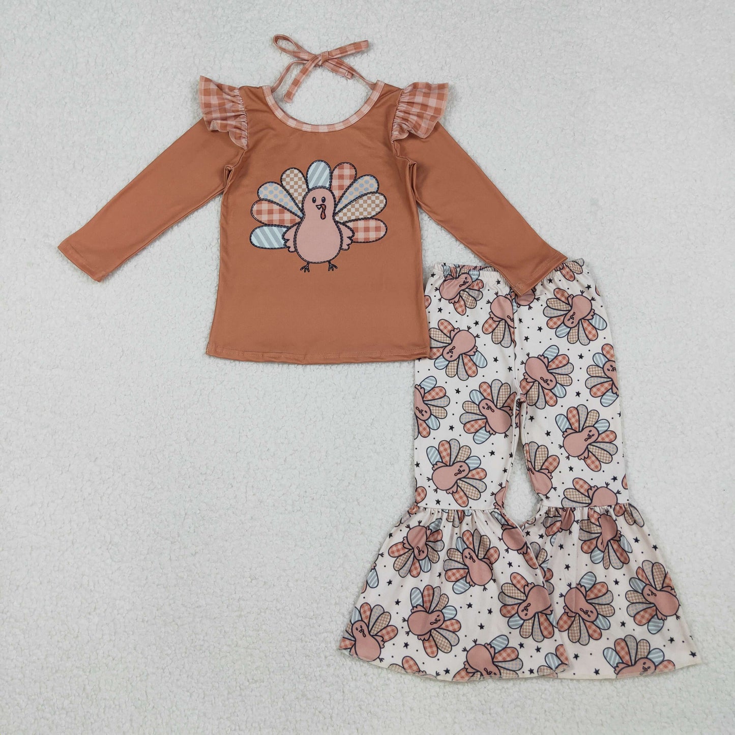 GLP2605 Thanksgiving Turkey Plaid Ruffle Brown Long Sleeve Pants Girls Set 202510 RTS