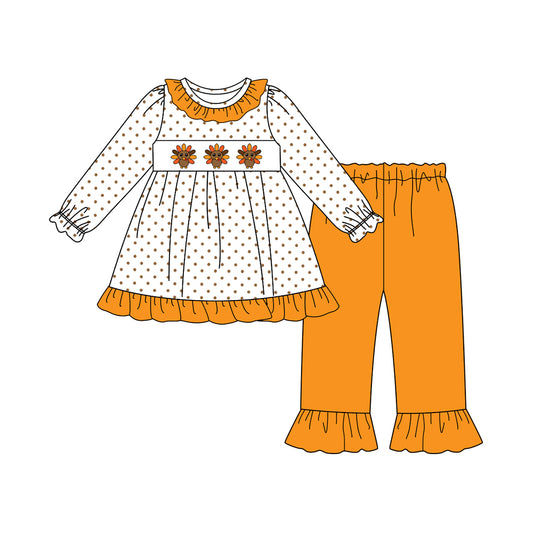 Preorder GLP2606 Thanksgiving Turkey Dots Orange Ruffle Long Sleeve Pants Girls Set 202507
