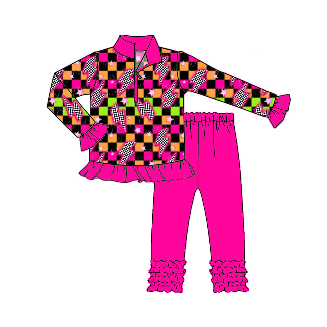 Preorder GLP2607 Plaid Lightning Rose Red Ruffle Zippy Long Sleeve Pants Girls Set 202507