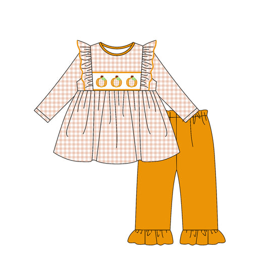 Preorder GLP2611 Thanksgiving Pumpkin Plaid Ruffle Long Sleeve Pants Girls Set 202507