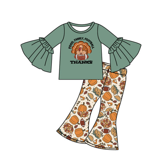 Preorder GLP2612 Thanksgiving Turkey Dark Green Ruffle Flare Long Sleeve Bell Bottom Pants Girls Set 202507