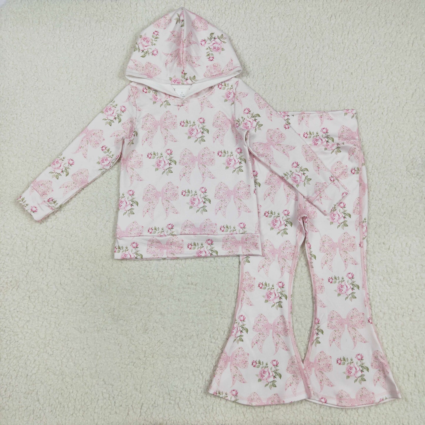 GLP2614 Girls Bow Flower Light Pink Hooded Long Sleeve Bell Bottom Pants Sets 202507 RTS
