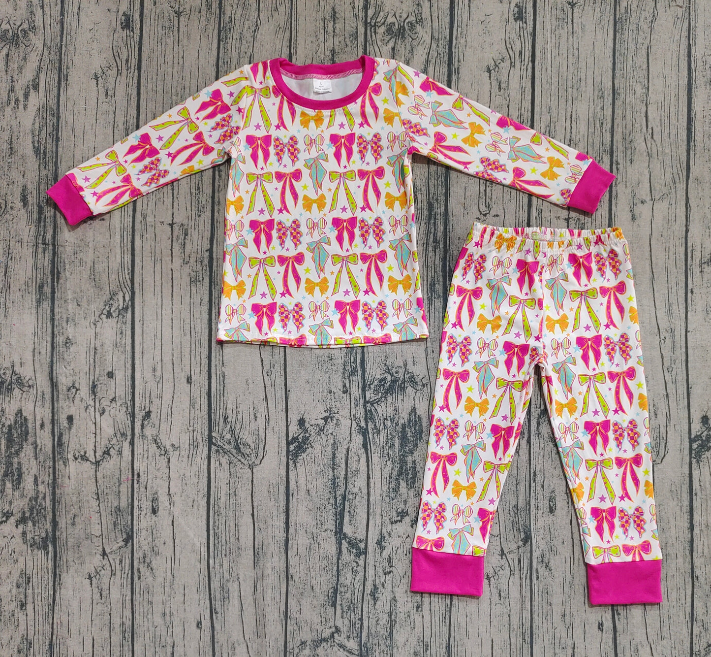 Preorder GLP2615 Bows Pattern Rose Red Long Sleeve Pants Girls Pajamas Set 202508