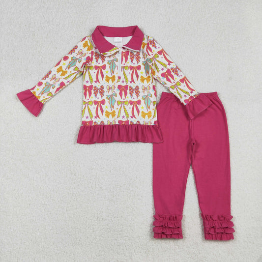 GLP2616 Bows Pattern Rose Red Ruffle Stand-Up Long Sleeve Pants Girls Set 202509 RTS