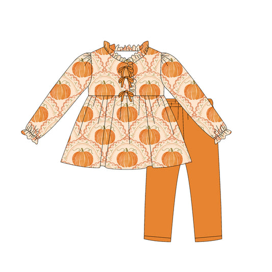 Preorder GLP2617 Thanksgiving Pumpkin Pattern Orange Ruffle Long Sleeve Pants Girls Set 202507