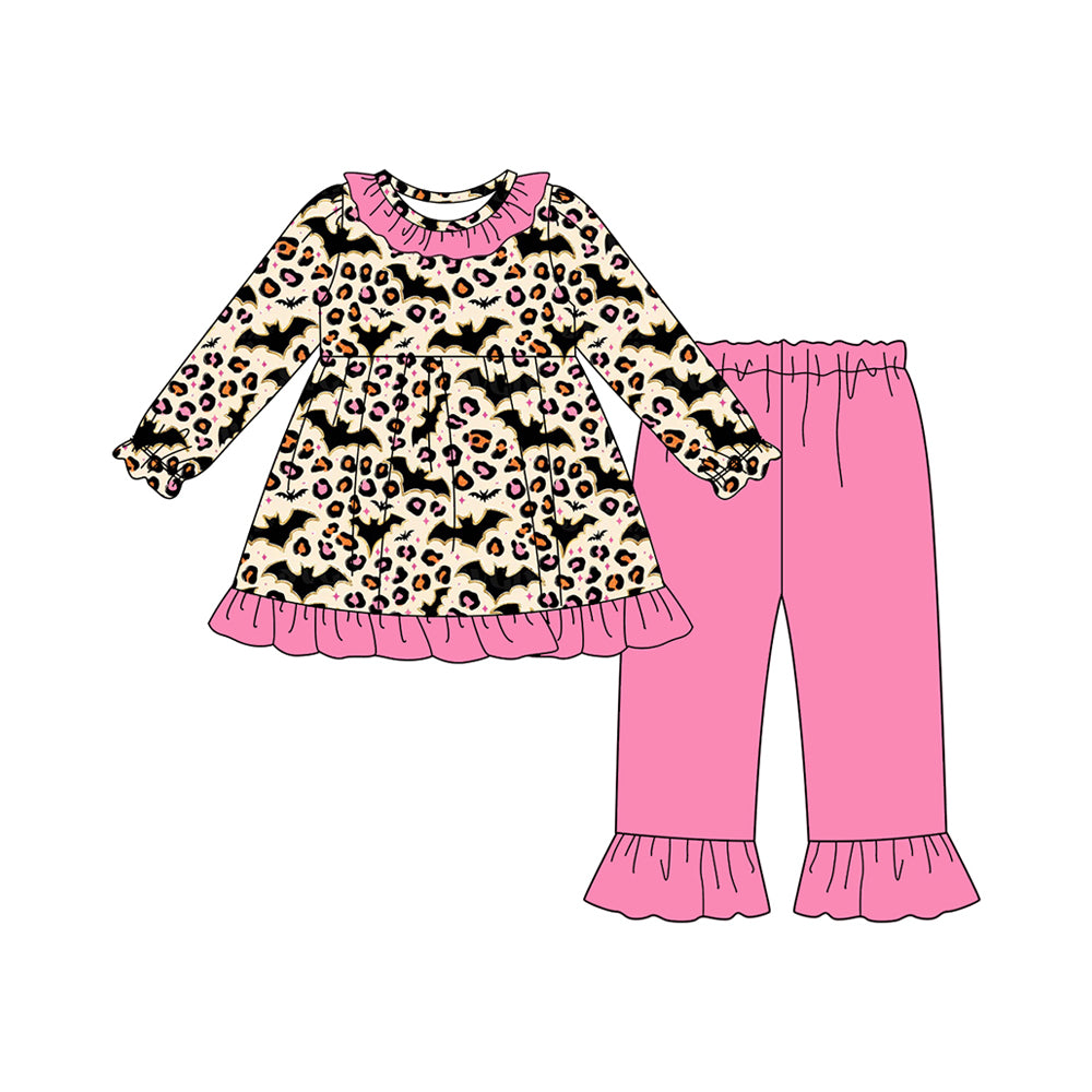 Preorder GLP2621 Bats Leopard Rose Red Ruffle Long Sleeve Pants Girls Set 202507