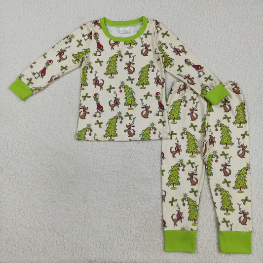 GLP2627 Grinch Christmas Tree Puppy Bow Green Long Sleeve Pants Girls Pajamas Set 202508 RTS