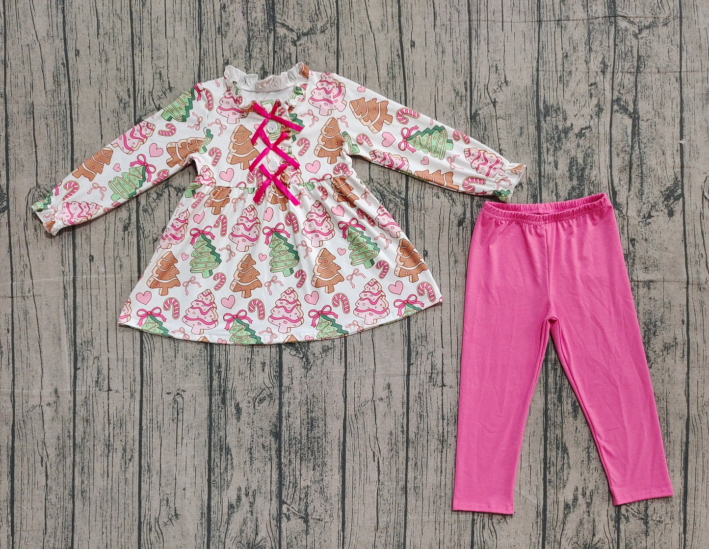 NO MOQ Preorder GLP2629-XS-3XL Christmas Tree Ruffle Long Sleeve Pink Pants Girls Set 202509