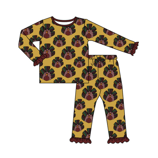 Preorder GLP2630 Thanksgiving Turkey Yellow Brown Ruffle Long Sleeve Pants Girls Set 202507