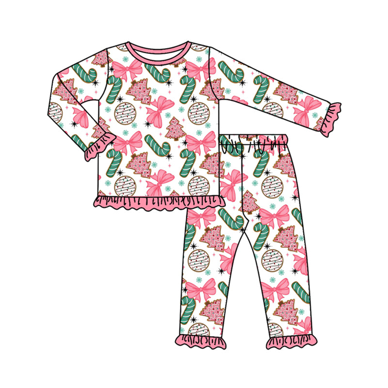 Preorder GLP2632 Christmas Bows Tree Star Pink Ruffle Long Sleeve Pants Girls Pajamas Set 202507