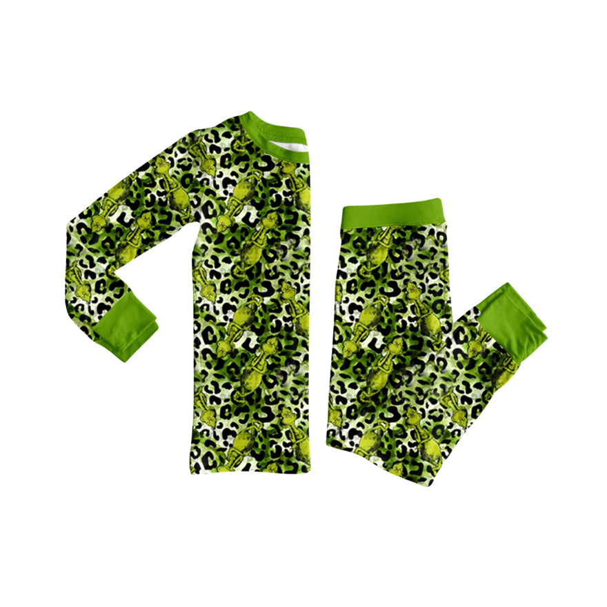Preorder GLP2634 Christmas Grinch Leopard Green Long Sleeve Pants Girls Pajamas Set 202507