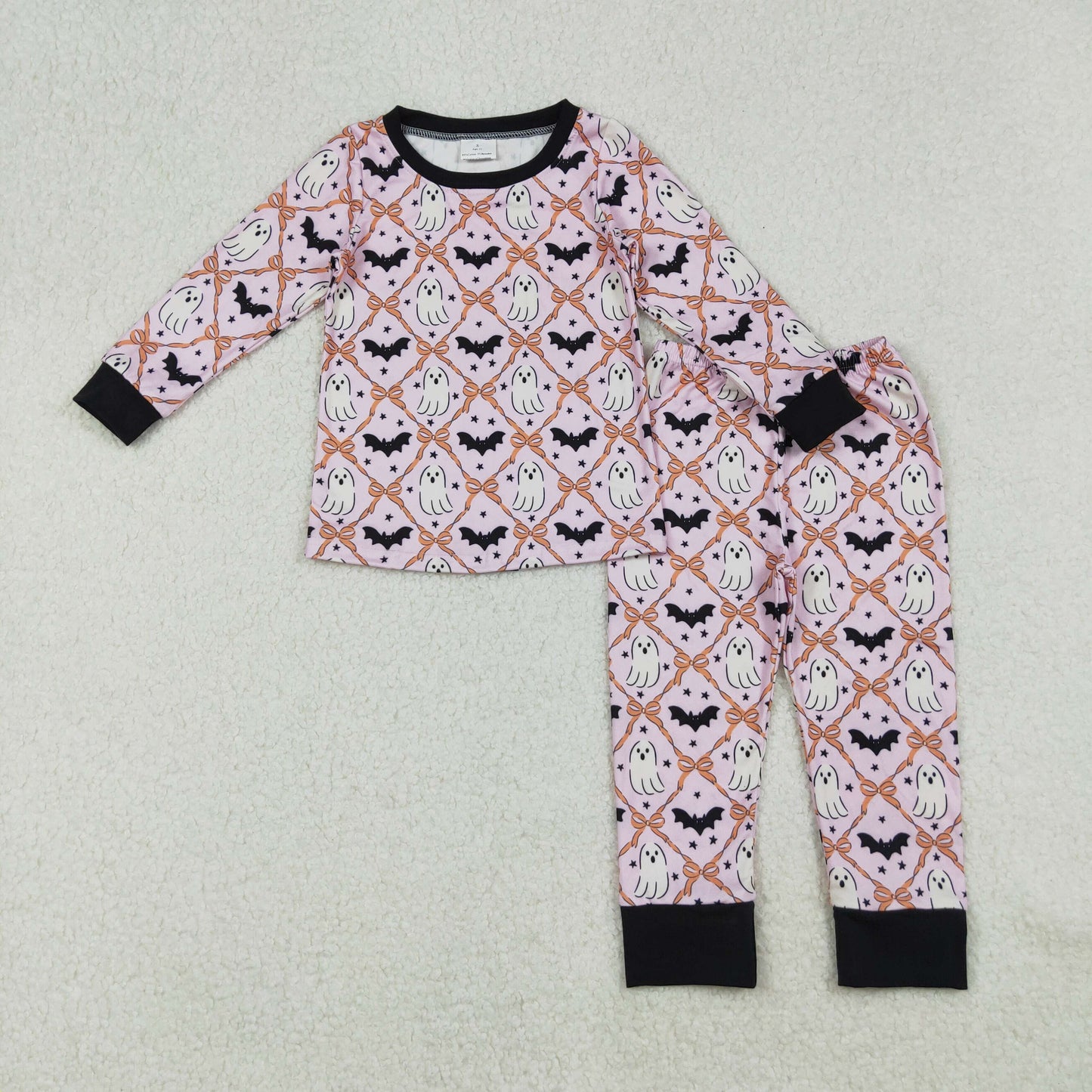 GLP2639 Halloween Ghost Bats Bows Pink O-Neck Long Sleeve Pants Girls Pajamas Set 202509 RTS