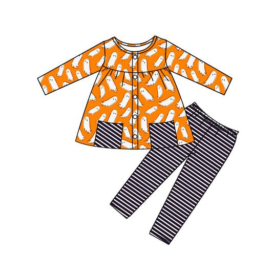 Preorder GLP2640 Halloween Ghost Pocket Orange Long Sleeve Black Stripe Legging Pants Girls Set 202507