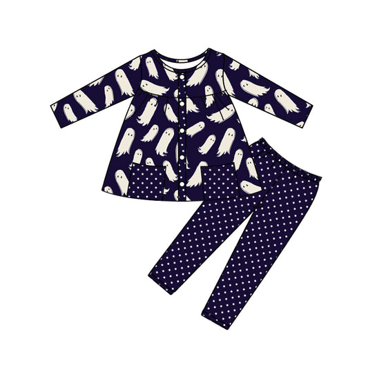 Preorder GLP2641 Halloween Ghost Pocket Black Long Sleeve Dots Legging Pants Girls Set 202507