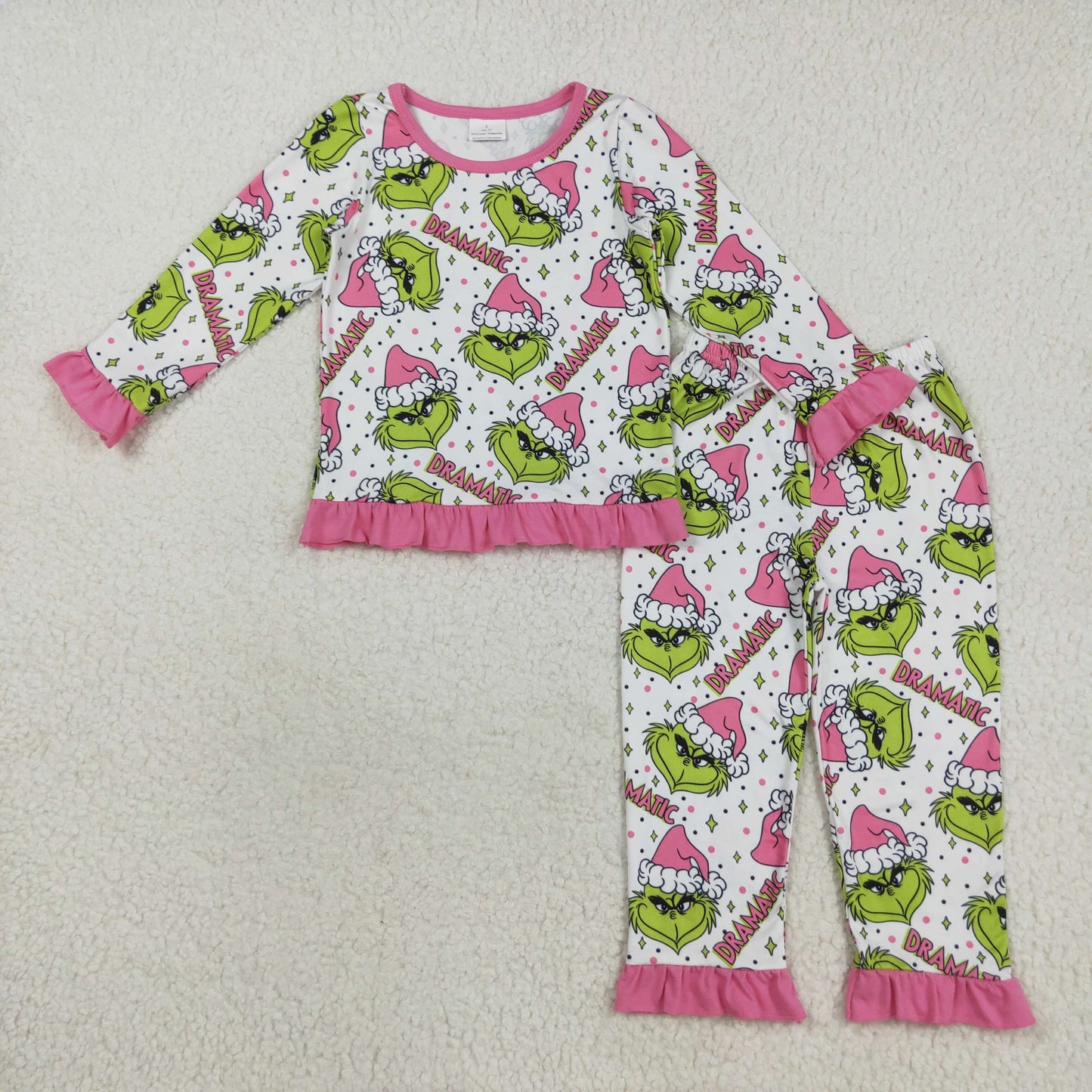 GLP2645 Christmas Grinch Pink Ruffle Long Sleeve Pants Girls Pajamas Set 202508 RTS