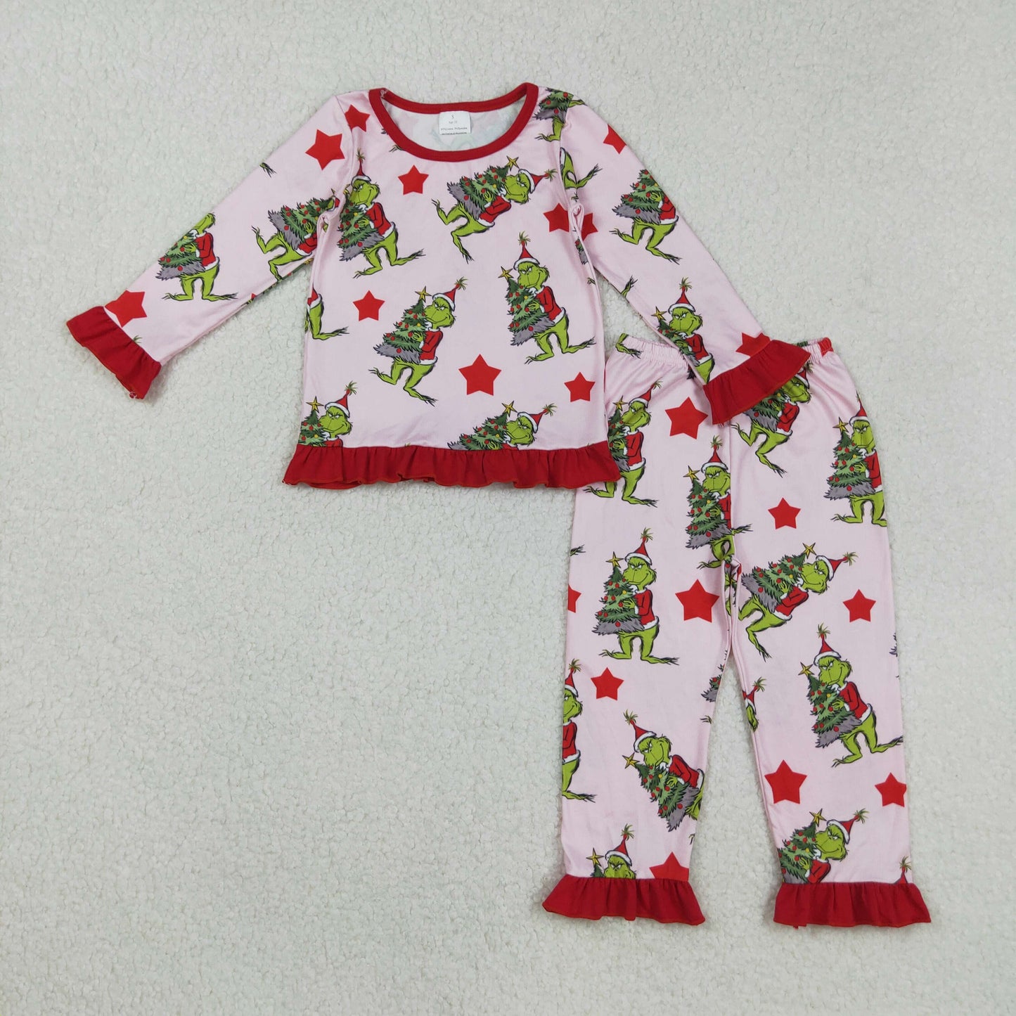 GLP2646 Christmas Grinch Red Ruffle Long Sleeve Pants Girls Pajamas Set 202508 RTS