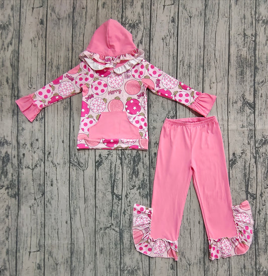 Preorder GLP2650 Christmas Pink Ruffle Hooded Long Sleeve Pants Girls Set 202508
