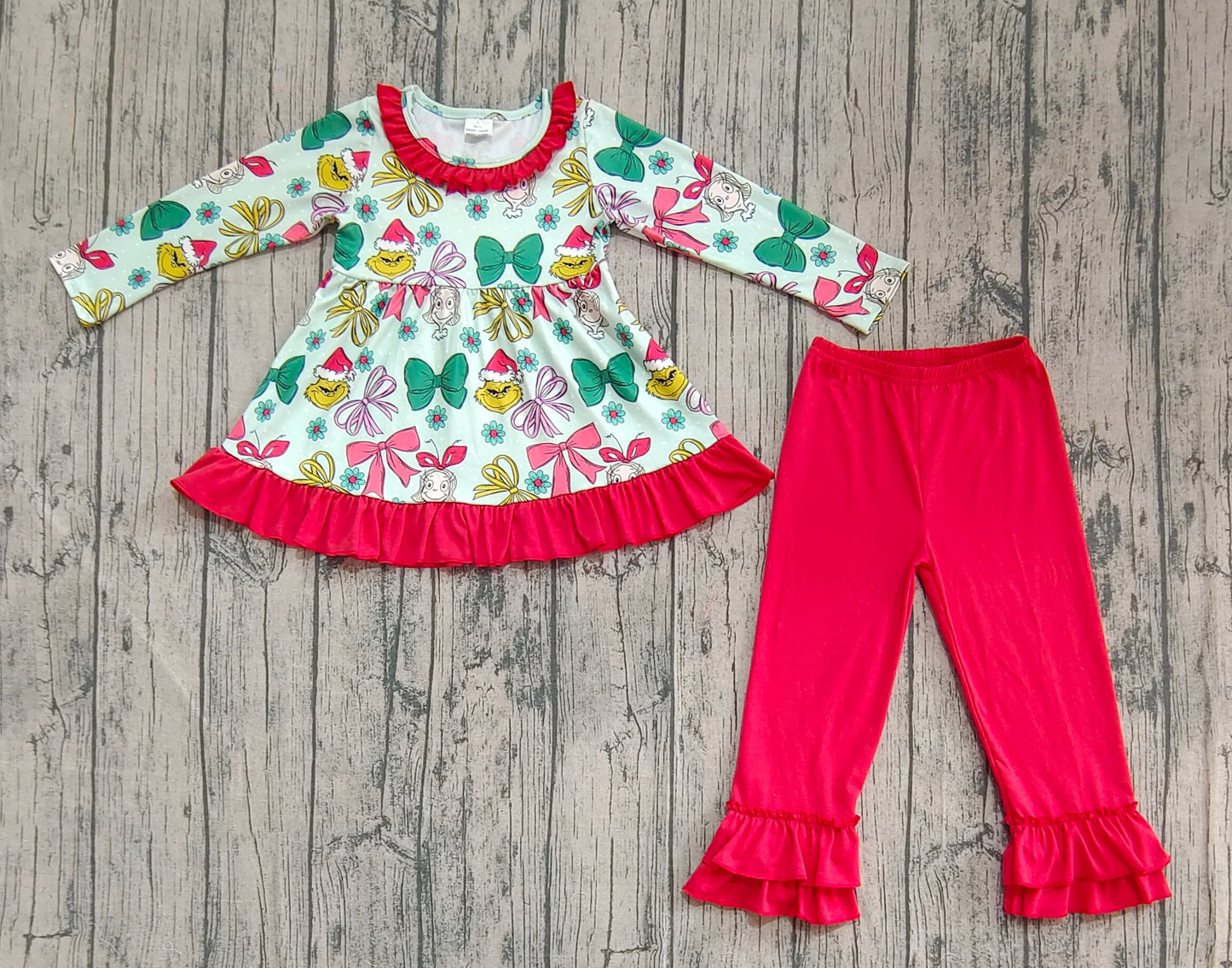 GLP2651 Christmas Bows Cartoon Red Ruffle Long Sleeve Pants Girls Set 202509 RTS