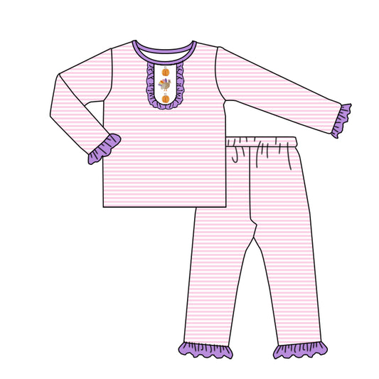 Preorder GLP2659 Pumpkin Turkey Purple Ruffle Pink Stripe Long Sleeve Pants Girls Set 202507