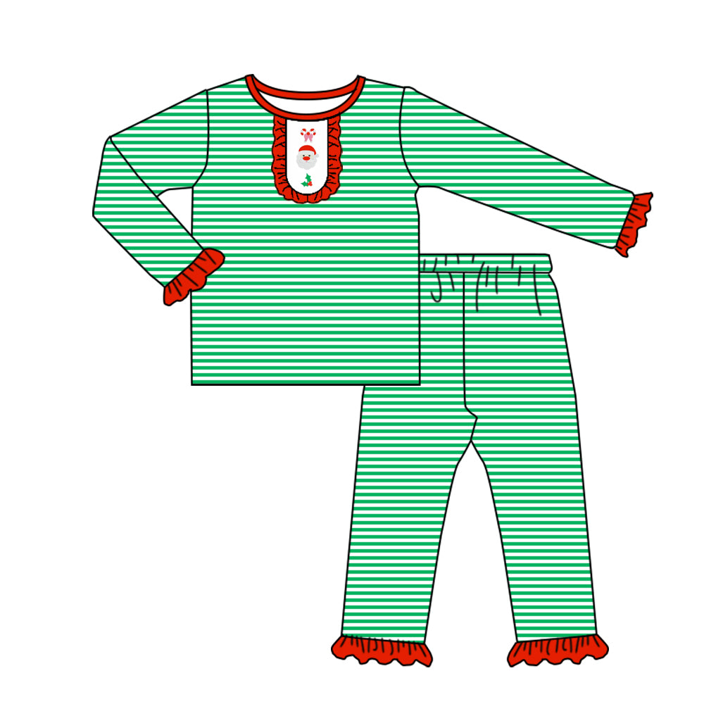 Preorder GLP2660 Christmas Claus Tree Red Ruffle Green Stripe Long Sleeve Pants Girls Set 202507