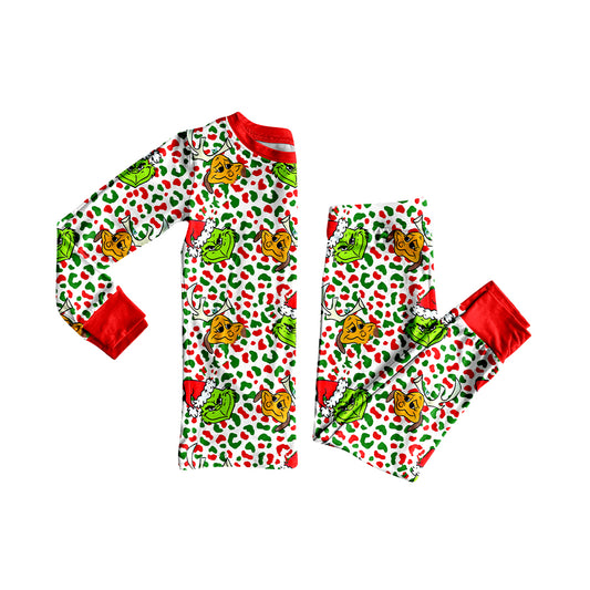 Preorder GLP2661 Christmas Grinch Leopard Tree Red Long Sleeve Pants Girls Set 202507