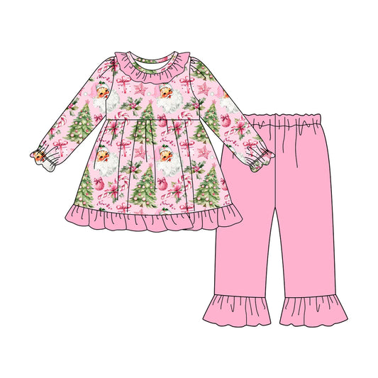 Preorder GLP2662 Christmas Claus Tree Pink Ruffle Long Sleeve Pants Girls Set 202507