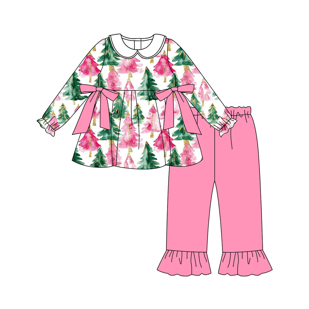 Preorder GLP2663 Christmas Tree Pink Bows Doll Collar Long Sleeve Pants Girls Set 202507