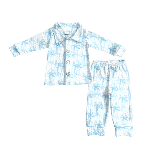 Preorder GLP2667 Bows Blue Long Sleeve Pants Girls Pajamas Set 202508