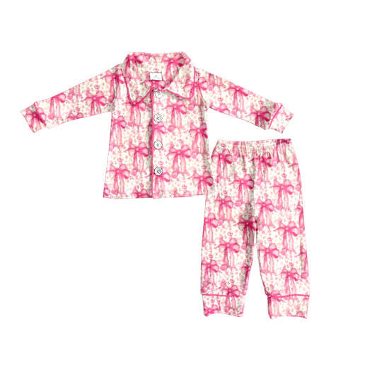 Preorder GLP2668 Bows Pink Long Sleeve Pants Girls Pajamas Set 202508