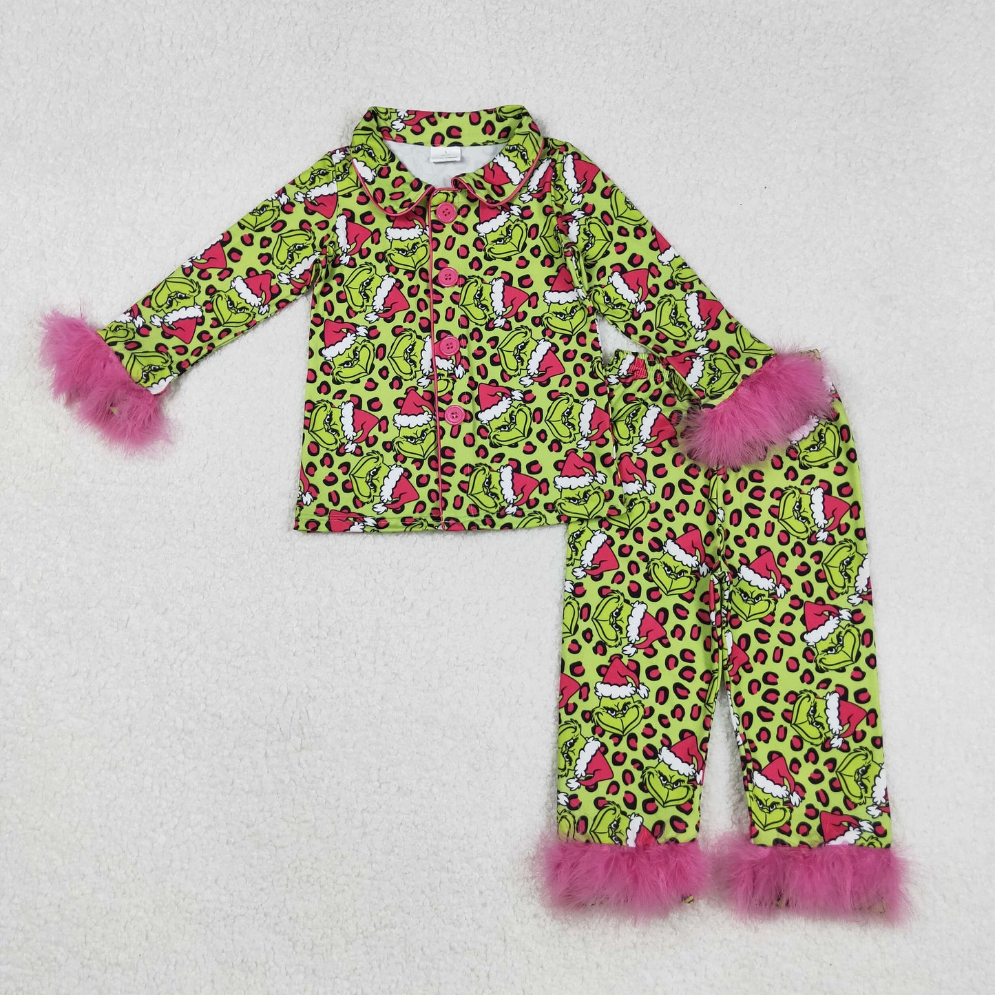 GLP2669 Christmas Grinch Rose Red Plush Leopard Green Long Sleeve Pants Girls Pajamas Sets 202509 RTS
