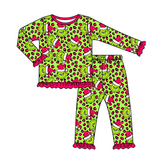 Preorder GLP2671 Christmas Grinch Leopard Rose Red Ruffle Green Long Sleeve Pants Girls Pajamas Set 202508
