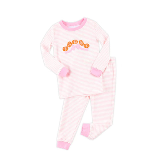 Preorder GLP2674 Thanksgiving Pumpkin Bows Pink Stripe Long Sleeve Pants Girls Pajamas Set 202508