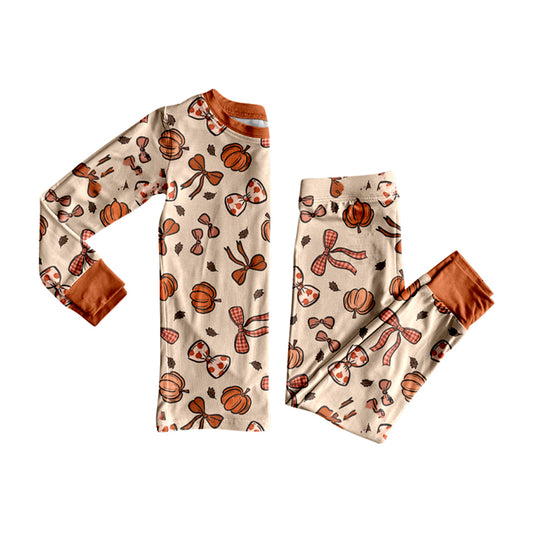 Preorder GLP2675 Thanksgiving Pumpkin Bows Orange Brown Long Sleeve Pants Girls Pajamas Set 202508