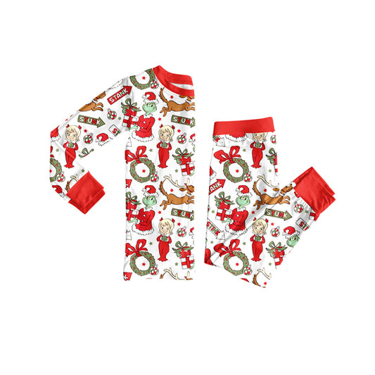 Preorder GLP2676 Christmas Grinch Red White Long Sleeve Pants Girls Pajamas Set 202508