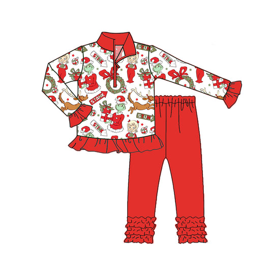 Preorder GLP2677 Christmas Grinch Red White Ruffle Zippy Long Sleeve Pants Girls Set 202508