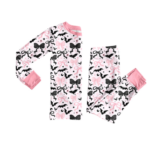 Preorder GLP2680 Halloween Bats Bows Pink Long Sleeve Pants Girls Pajamas Set 202508