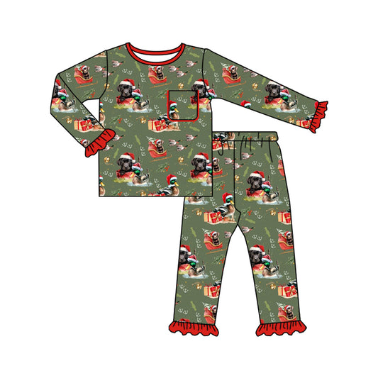 Preorder GLP2681 Christmas Puppy Red Ruffle Long Sleeve Pants Girls Pajamas Set 202508
