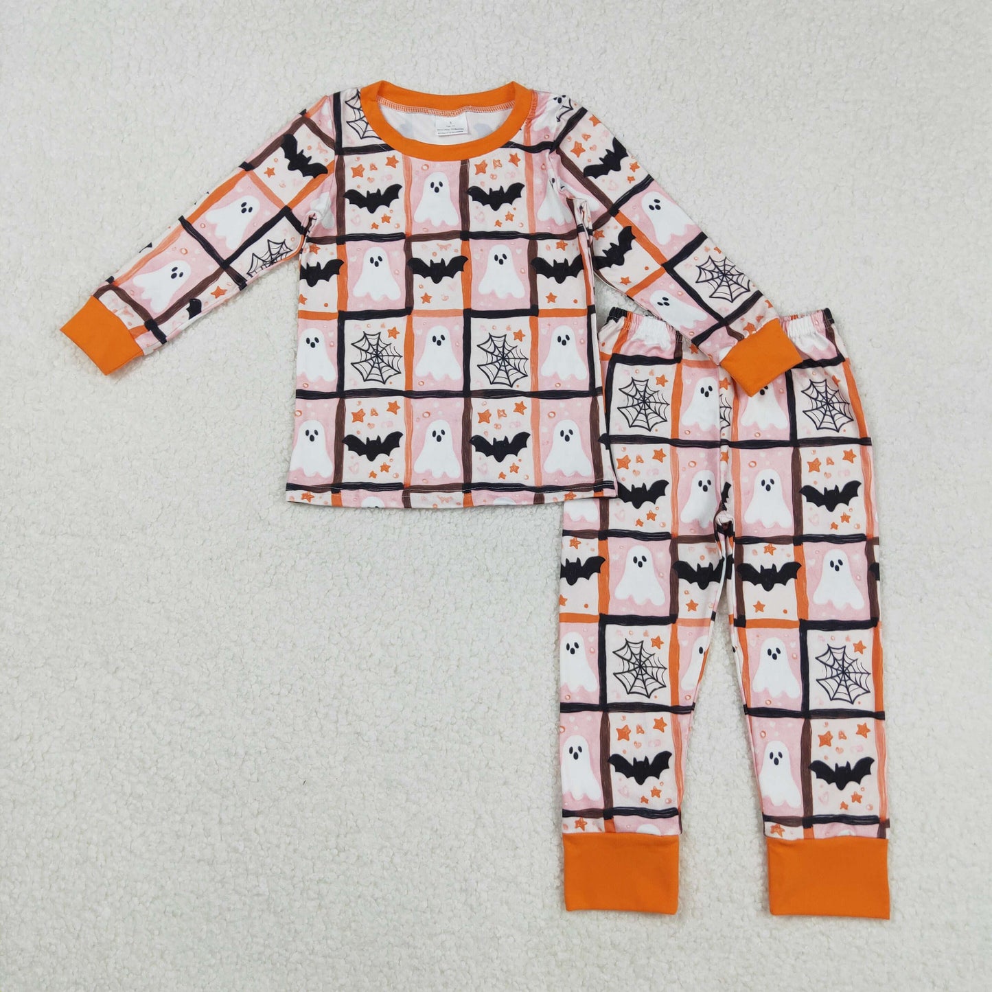 GLP2682 Halloween Ghost Plaid Orange Long Sleeve Pants Girls Pajamas Set 202508 RTS