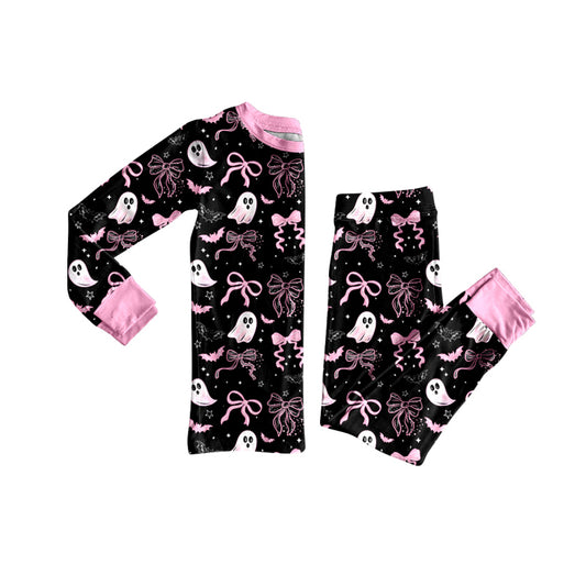 Preorder GLP2683 Halloween Ghost Bats Bows Black Pink Long Sleeve Pants Girls Pajamas Set 202508