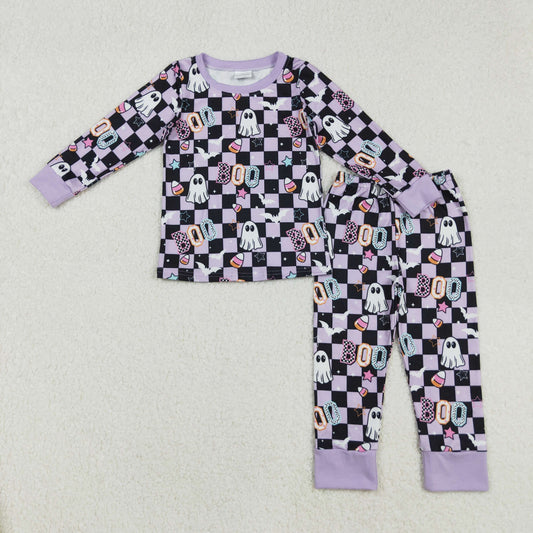 GLP2684 Halloween Ghost Plaid Purple Long Sleeve Pants Girls Pajamas Set 202509 RTS