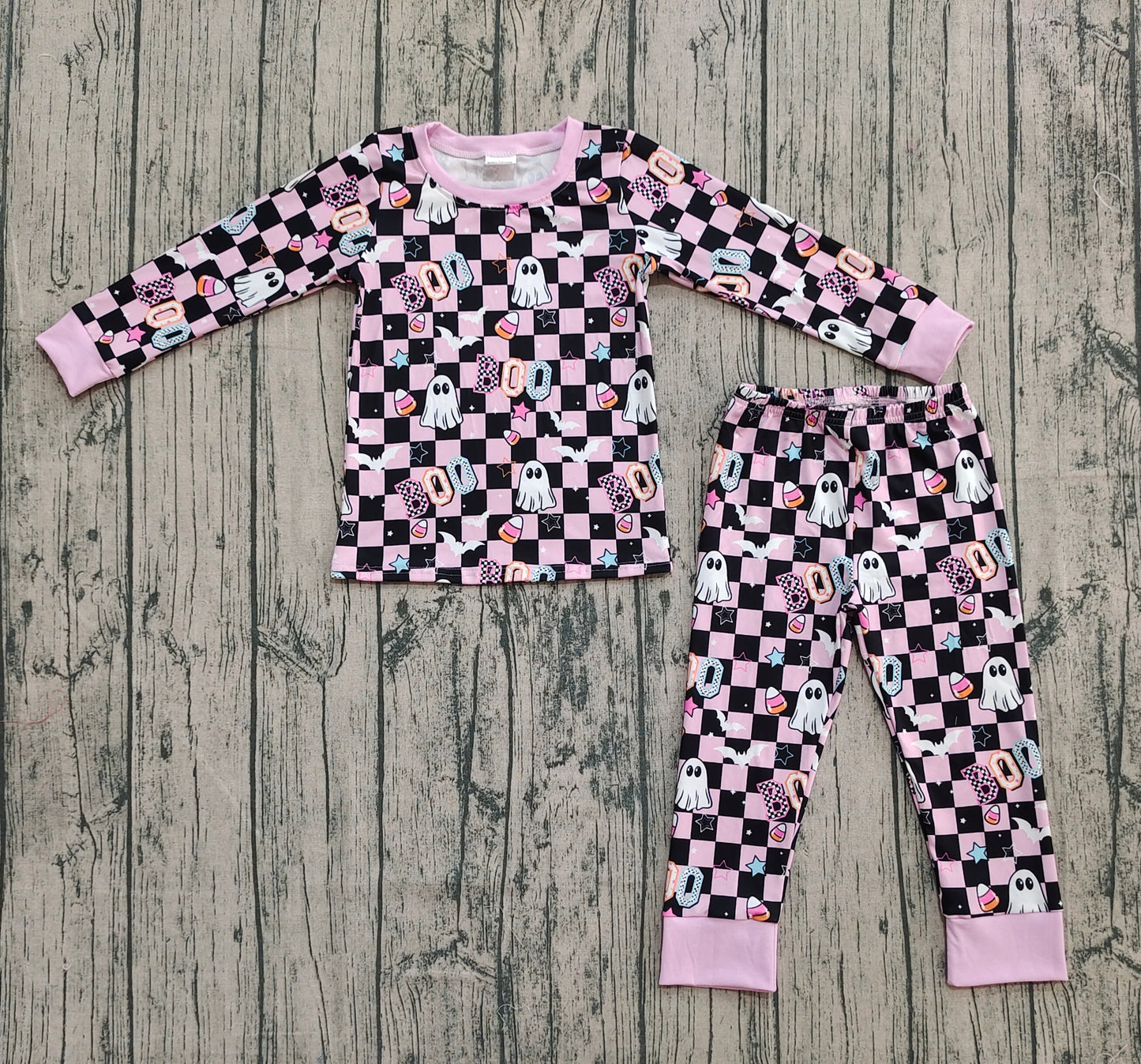 Preorder GLP2684 Halloween Ghost Plaid Purple Long Sleeve Pants Girls Pajamas Set 202508