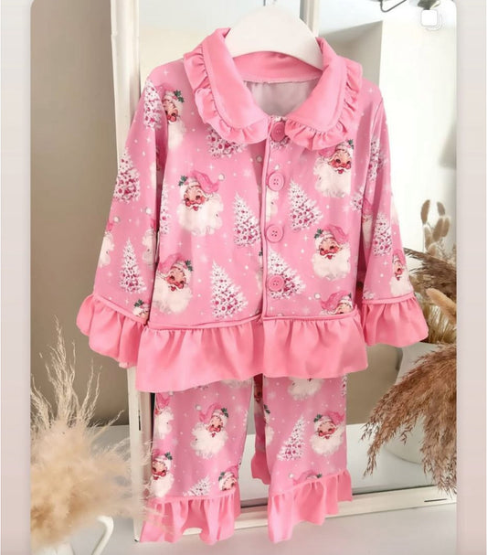 Preorder GLP2685 Christmas Pink Ruffle Long Sleeve Pants Girls Pajamas Set 202508